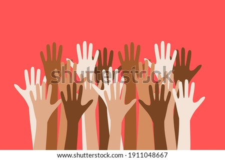 Diversity concept. Different color hands in the air
