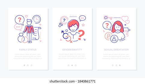 Diversity concept line design style web banners with copy space for text. Social issues, equal rights idea. Family status, gender identity and sexual orientation linear illustrations with characters