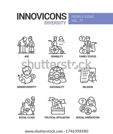 Diversity concept line design style icons set. Social issues, equal rights idea. Age, disability, family status, gender, nationality, religion, social class, political affiliation, sexual orientation