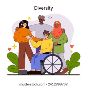 Diversity concept. A tapestry of cultural, ethnic, and physical uniqueness. Interwoven lives in an inclusive society. Unity in diversity with wheelchair representation. Flat vector illustration.