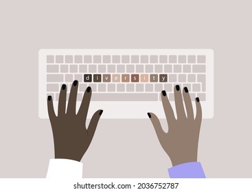 Diversity concept, two hands with different skin complexion typing on a keyboard