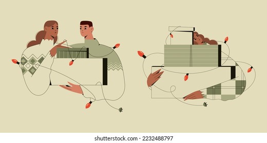 Diversity couple with Christmas present. Vector illustration of woman and man with present boxes.Happy New year. Woman hugging gifts. Happy couple hugging. Christmas time. New year set with character.