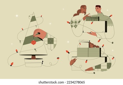 Diversity couple with Christmas present. Vector illustration of woman and man with present boxes.Happy New year. Woman hugging gifts. Happy couple hugging. Christmas time. New year set with character.