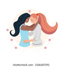 Diversity Couple Lesbian in love for Pride's day and LGBT concept. Hand drawn cute cartoon vector illustration isolated on white background.