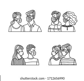 Diversity couples wearing safety breathing masks. Respirators and medical masks. Protection from disease, flu, coronavirus COVID-19, air pollution, and allergy. Vector outline illustration.