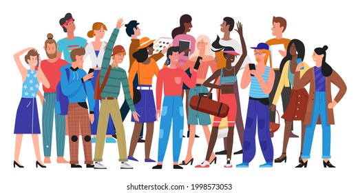 Diversity crowd people stand together vector illustration. Cartoon different multiethnic group of man woman characters standing hugging holding hands, diverse multicultural society isolated on white