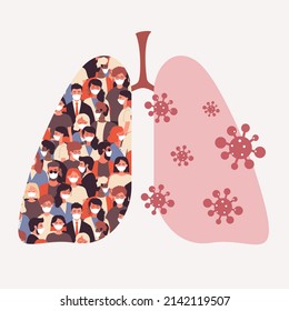 Diversity crowd of tiny people in medical masks and coronavirus germs inside big lungs. City air pollution problem of Earth, danger of respiratory disease flat vector illustration. Awareness concept