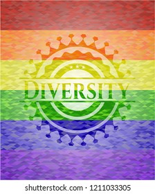Diversity emblem on mosaic background with the colors of the LGBT flag