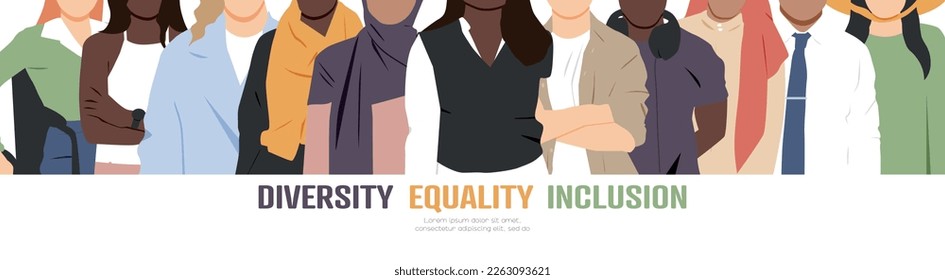 Banner de diversidad, igualdad, inclusión. La gente se mantiene unida. Ilustración vectorial plana.