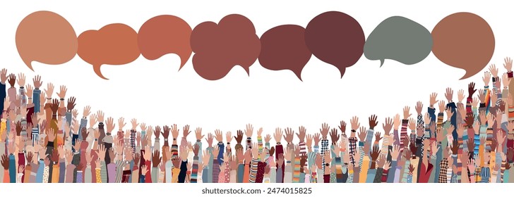 Diversity equality inclusion belonging. Group of raised hands of multicultural men and women. DEIB concept. Communication across diverse cultures. Tolerance and acceptance