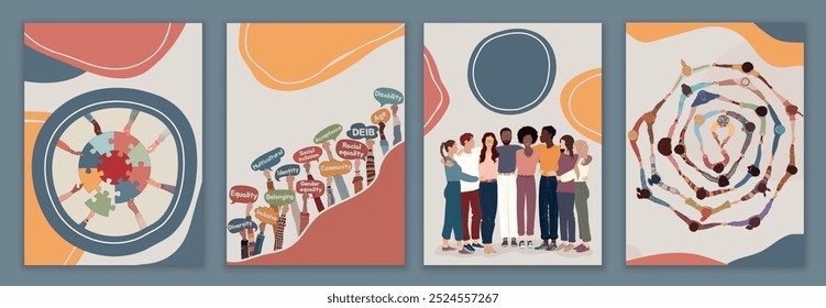 Diversity equality inclusion belonging. Group of multicultural men and women. People of diverse cultures. DEIB concept. Editable brochure template flyer leaflet cover poster copy space