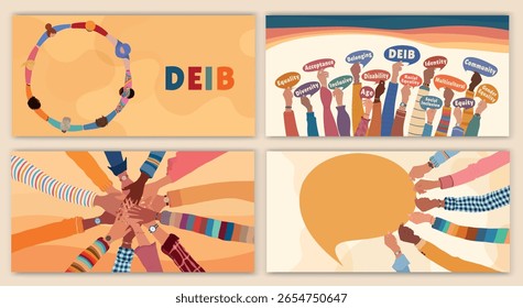 Diversity equality inclusion template with raised hands group teamwork unity people concept