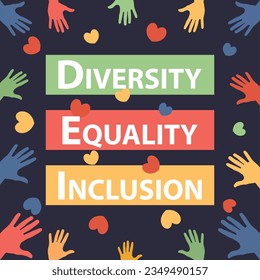 Diversity, Equality and  Inclusion  vector banner design with hand palm icon pattern, heart shape icons and vibrant colors on a square background. Diversity, Equality, Inclusion modern minimal poster.