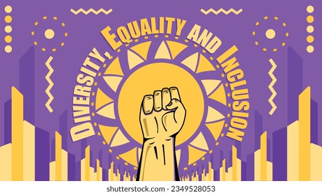 Diseño de banner vectorial de diversidad, igualdad e inclusión con formas geométricas, patrones y colores vibrantes en un fondo horizontal. Diversidad, Igualdad, Inclusión afiche moderno mínimo.