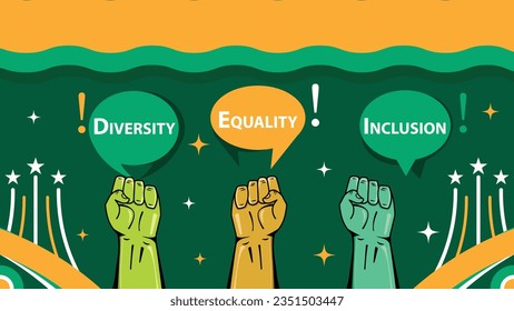 Diversity, Equality and  Inclusion  vector banner design with geometric shapes and vibrant colors on a horizontal background. Diversity, Equality, Inclusion modern minimal poster.