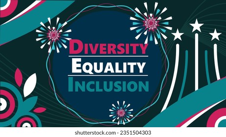 Diversity, Equality and  Inclusion  vector banner design with geometric shapes and vibrant colors on a horizontal background. Diversity, Equality, Inclusion modern minimal poster.