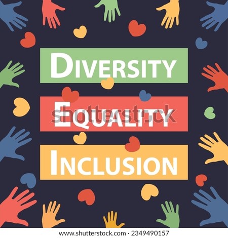Diversity, Equality and  Inclusion  vector banner design with hand palm icon pattern, heart shape icons and vibrant colors on a square background. Diversity, Equality, Inclusion modern minimal poster.