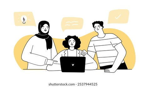 Diversity and equality at work concept. Modern office workers at desk discussing project isolated. Vector hand drawn illustration.