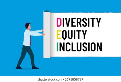 Diversity, equity, inclusion DEI concept. A man pulling torn curtain with DEI words over blue background.