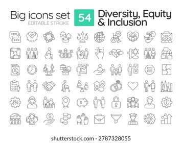 Diversity, equity and inclusion line icons set. Social human rights. Equal community. Modern religious freedom. Isolated vector outline illustrations. Thin lineart iconset symbols. Editable stroke