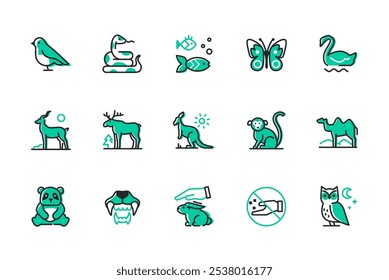 Diversity of fauna - set of line design style icons isolated on white background. High quality images of bird, snake, fish, butterfly, swan, moose, kangaroo, panda, monkey, camel, owl and rabbit