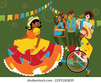 Diversity in Folk Dance: Woman in Traditional Attire Dancing Around the Bonfire with a Wheelchair-bound Man during the Quadrille Celebration