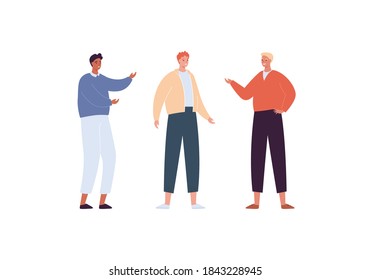Diversity friendship concept. Male character stand. Vector flat modern people illustration. Man diverse group of friend in casual outfit of various ethnic isolated on white background. Design element.