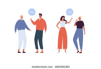 Diversity friendship concept. Vector flat modern people illustration. Diverse man and woman of various ethnic communicate isolated on white. Talk bubble sign. Design element. Contemporary style.