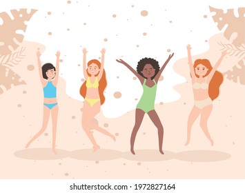 diversity girls with hands up and leaves