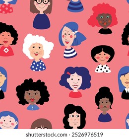 
Diversidade meninas padrão contínuo em azul e vermelho, ilustrações vetoriais para temas de poder feminino como diversidade, igualdade, feminismo, lésbica, transgênero, queer