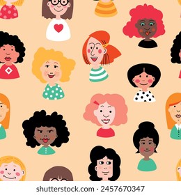 Diversity girls seamless pattern, vector illustrations for girl power themes like diversity, equality, feminism, lesbian, transgender, queer