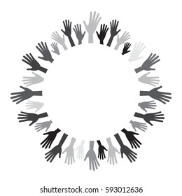 Diversity grayscale hands from empty center round frame. Circle. Vector arms on white background for text, range, circle, lap, disk, disc. Black, gray, monochrome.