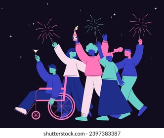 Un grupo de diversidad animando y celebrando el Año Nuevo jugando a esparkler y tomando champán