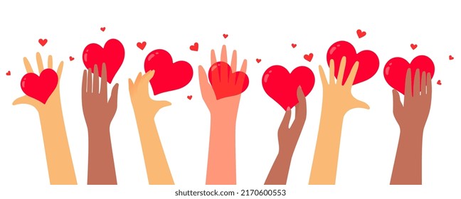 Diversity group of hand care of heart form. Vector kindness donation and charity illustration with red shape heart on white color background. Flat style romantic design for Valentine's Day card