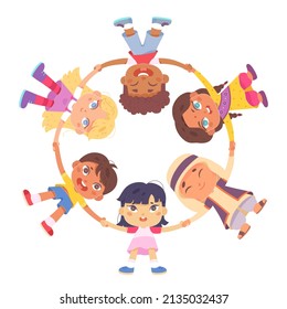 Diversity group of happy school friends holding hands vector illustration. Cartoon children dance in circle, smiling boys and girls playing, perspective view from bottom to top