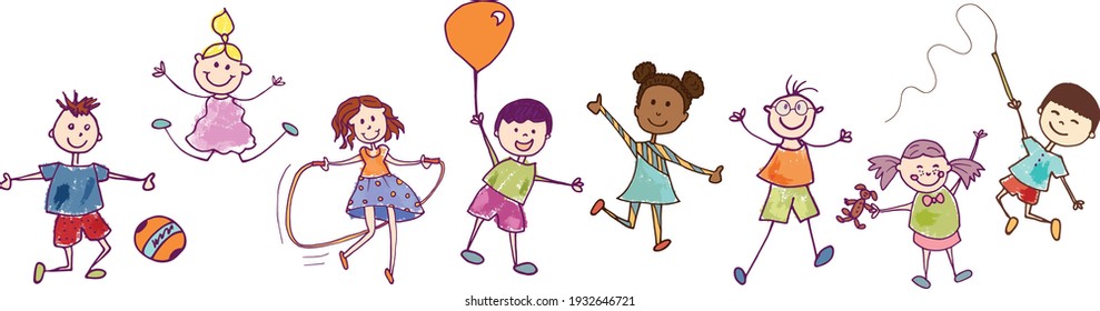 Diversity group of happy sweet kids in action playing and jumping. Kindergarten. Preschool. Funny active and joyful smiling children with cute clothes. Stylized drawing. Vignetting ink