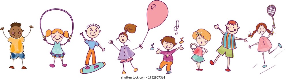 Diversity group of happy sweet kids in action playing and jumping. Kindergarten. Preschool. Funny active and joyful smiling children with cute clothes.Colorful cartoons.Stylized drawing
