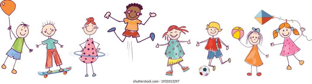 Diversity group of happy sweet kids in action playing and jumping. Kindergarten. Preschool. Funny active and joyful smiling multiethnic multicultural children. Stylized drawing. Cartoon