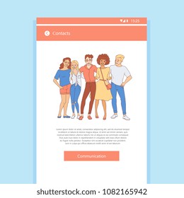 Diversity group of people hugs - hand drawn young team stay together with happy smiles on mobile app template. Isolated vector illustration of friendship and teamwork concept in sketch style.