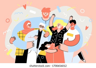 Diversity group of people hugs - men, women and child stand together smiling and embracing one another. Vector illustration of friendship and togetherness. Team, coworkers, friends or relatives.