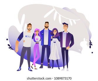 Diversity group of people hugs - young men and women stand together smiling and embracing one another. Isolated cartoon vector illustration of friendship and togetherness concept.