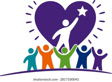 Diversity group vector icon representing unity love success charity and togetherness concept.
Colorful people celebrating teamwork dream achievement foundation and support symbol.
Colorful team building vector illustration for non profit organization social care and community leadership. 
Community team holding hands with heart background and human figure reaching for a star logo design.

