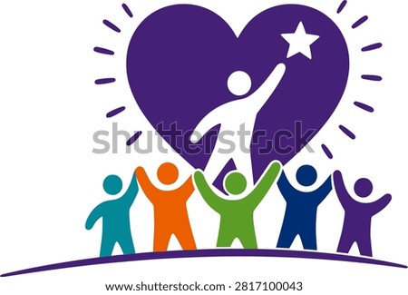 Diversity group vector icon representing unity love success charity and togetherness concept.
Colorful people celebrating teamwork dream achievement foundation and support symbol.
Colorful team building vector illustration for non profit organization social care and community leadership. 
Community team holding hands with heart background and human figure reaching for a star logo design.
