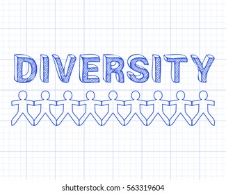 Diversity hand drawn text and cut out paper people chain