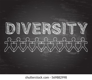 Diversity hand drawn text and cut out paper people chain on blackboard