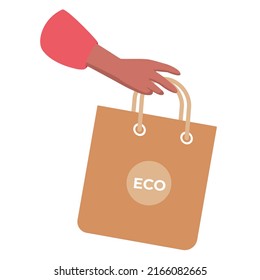 Diversity hand holds eco grey paper bag vector flat illustration. Shopping and sale, present concept isolated on white background.