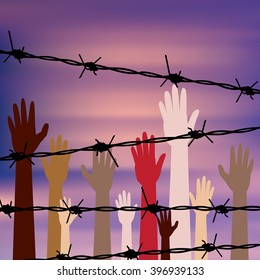 Diversity hand silhouettes behind barbed wire against blurry sky background.