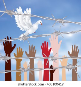 Diversity hand silhouettes behind barbed wire against blurry sky background.