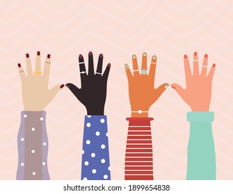 diversity hands with colored nails on a pink background vector illustration design