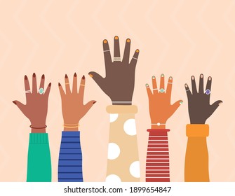 diversity hands with colored nails on a salmon color background vector illustration design